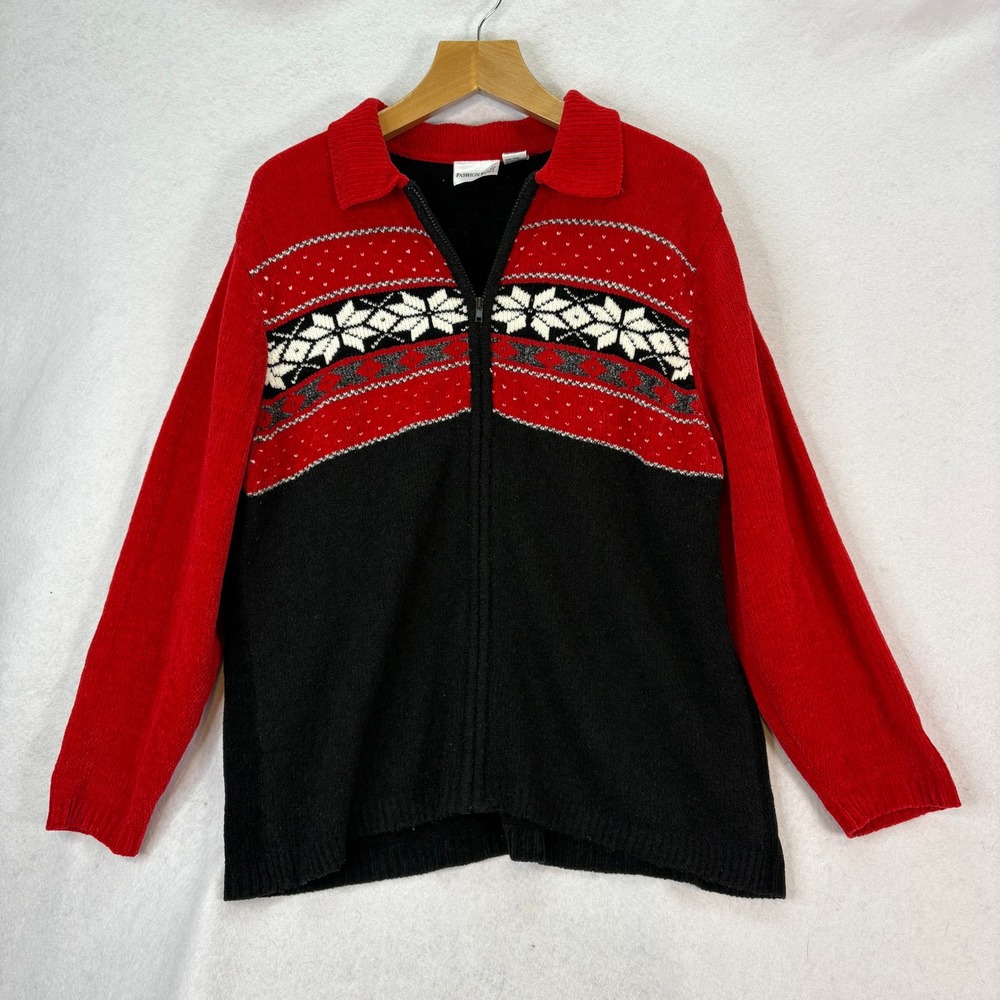 Vtg Fashion Bug Womens 22/24 Red/Black Pointsetta Fair Isle Zip Up Sweater Cozy